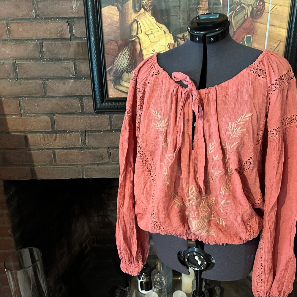 Free People very oversized gauzy top in coral or clay, embroidered.